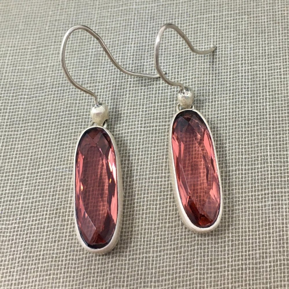 Sterling Silver Pink Gemstone Oval Bezel Dangle Earrings